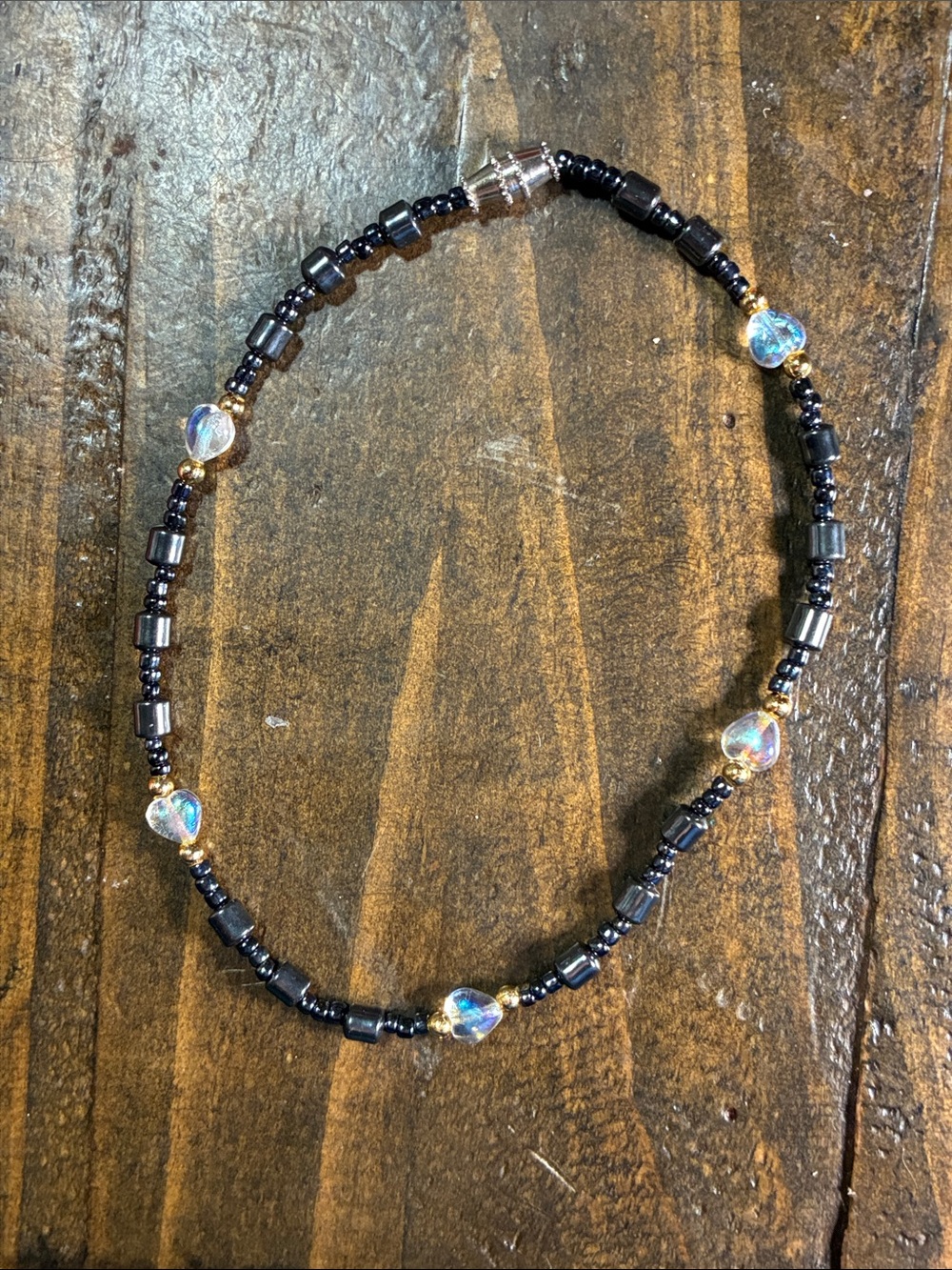 Source Unknown Hematite Anklet with Iridescent Heart Beads